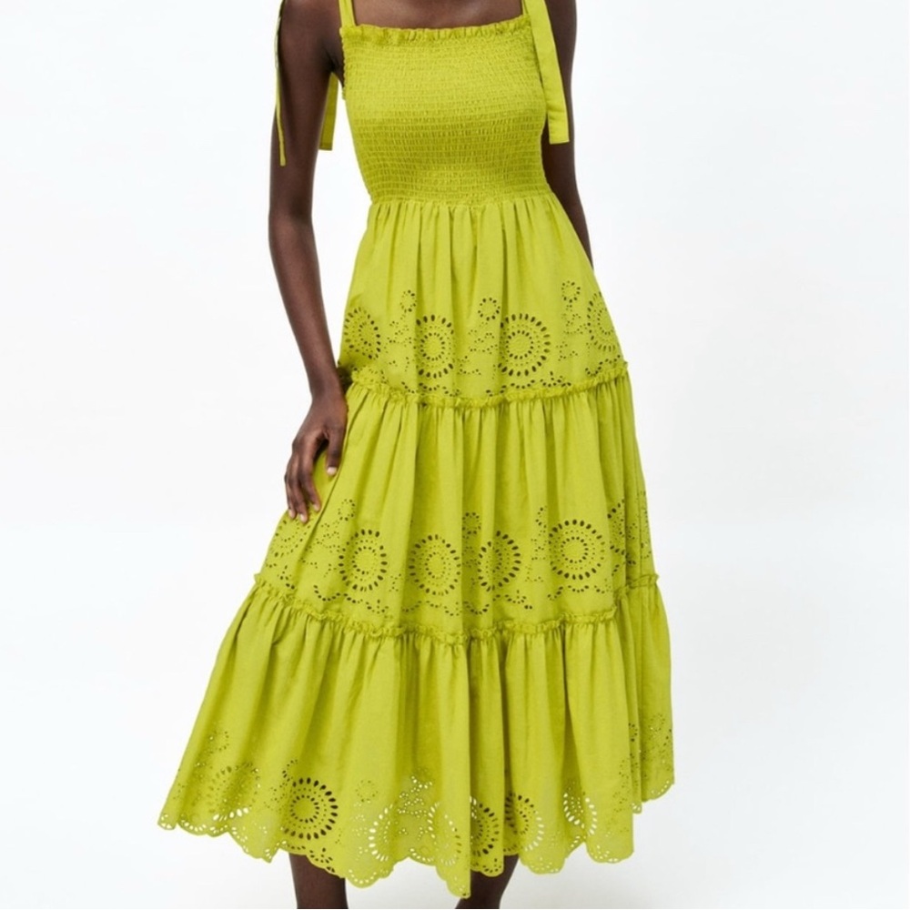 Zara Lime Green Smocked Midi Dress